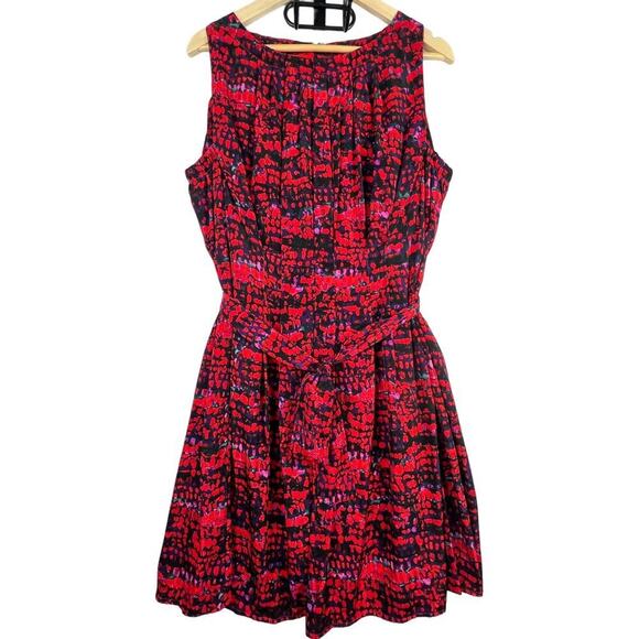 NWOT Marc New York Andrew Marc S Red Black Belted Smocked Sides Fit/Flare Dress - Picture 1 of 12